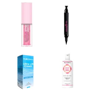 Lip Gloss + Eyeliner + instant cream + Triple wash