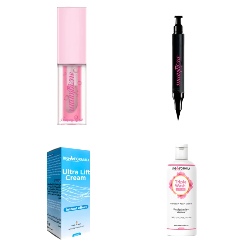 Lip Gloss + Eyeliner + instant cream + Triple wash